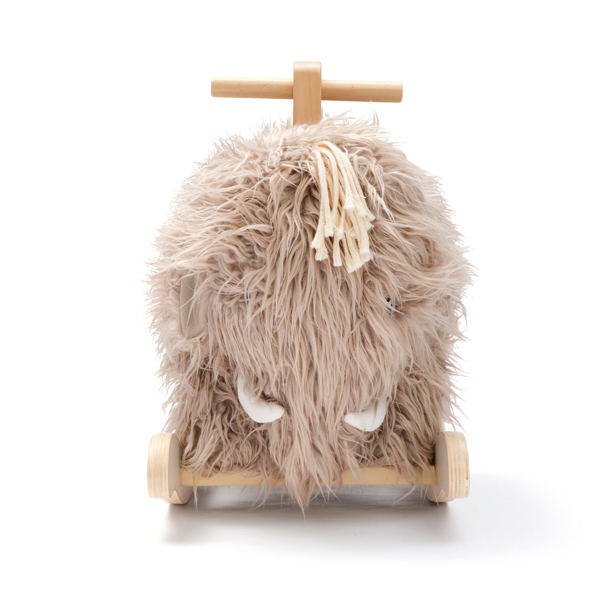 Plush fuzzy woolly mammoth rocking horse toy with wooden handles and runners.