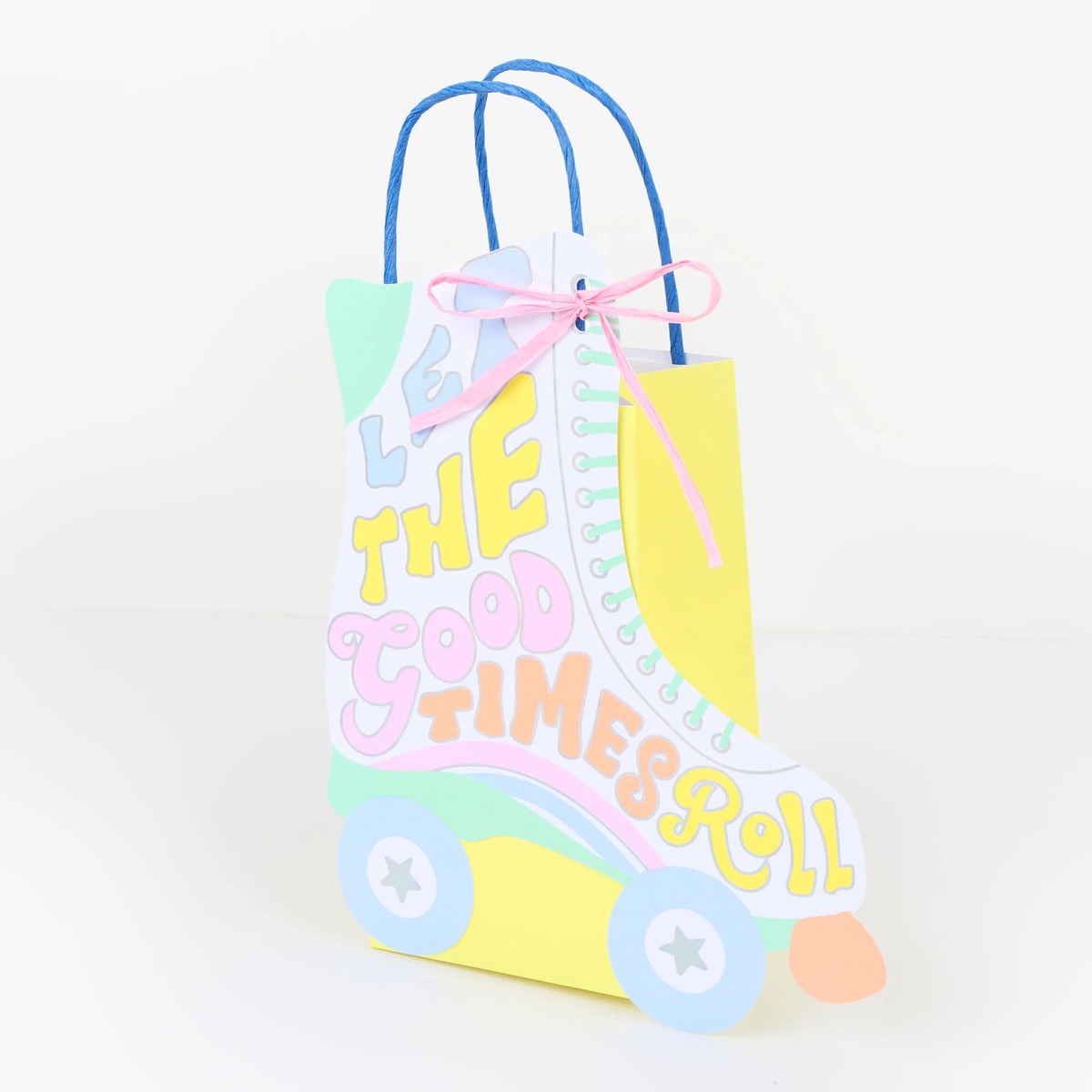 Retro roller skate gift bag with "Let the Good Times Roll" text, pastel colors, and pink ribbon bow.