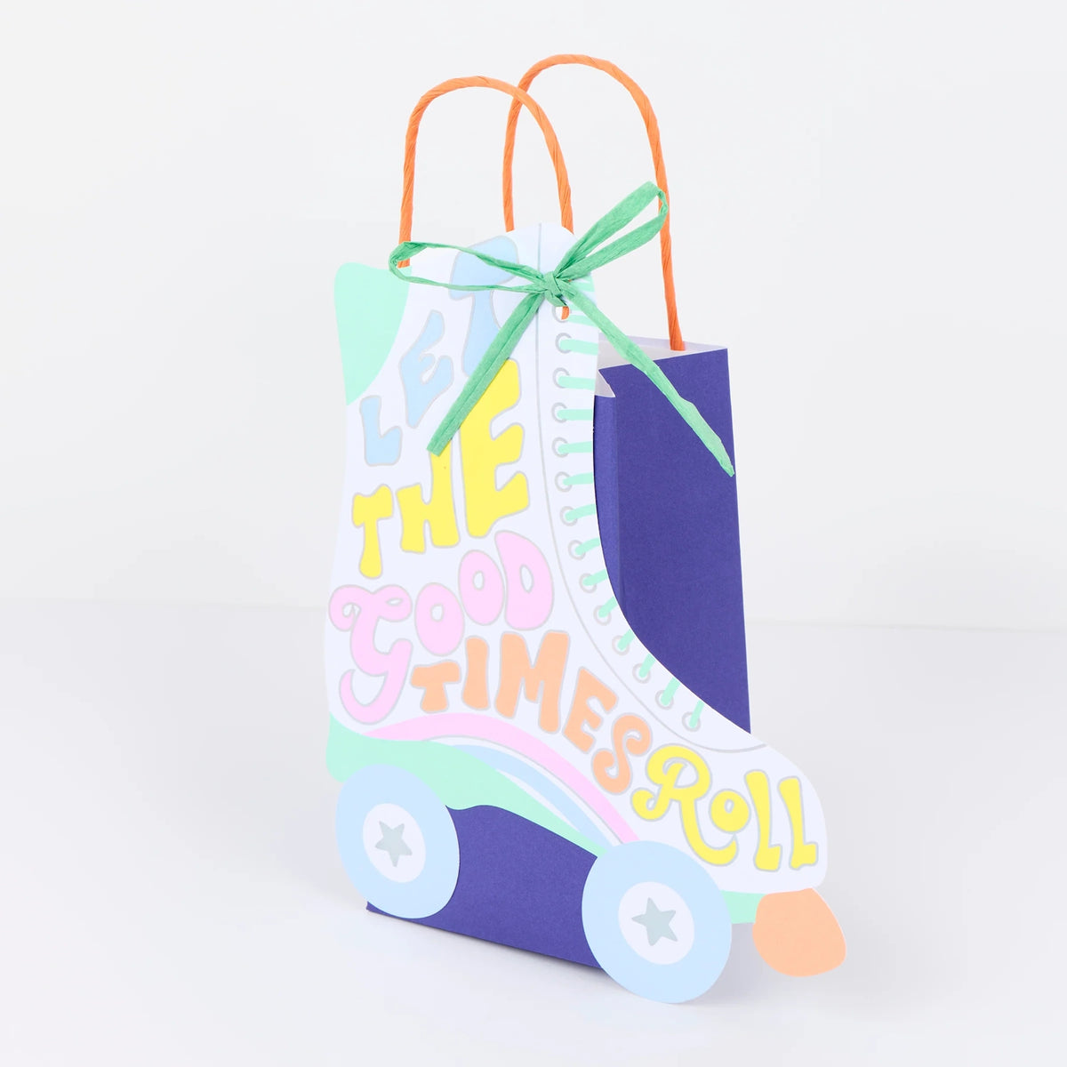 Roller skate gift bag with "Let the Good Times Roll" text, colorful retro design, and orange handles for party favors.