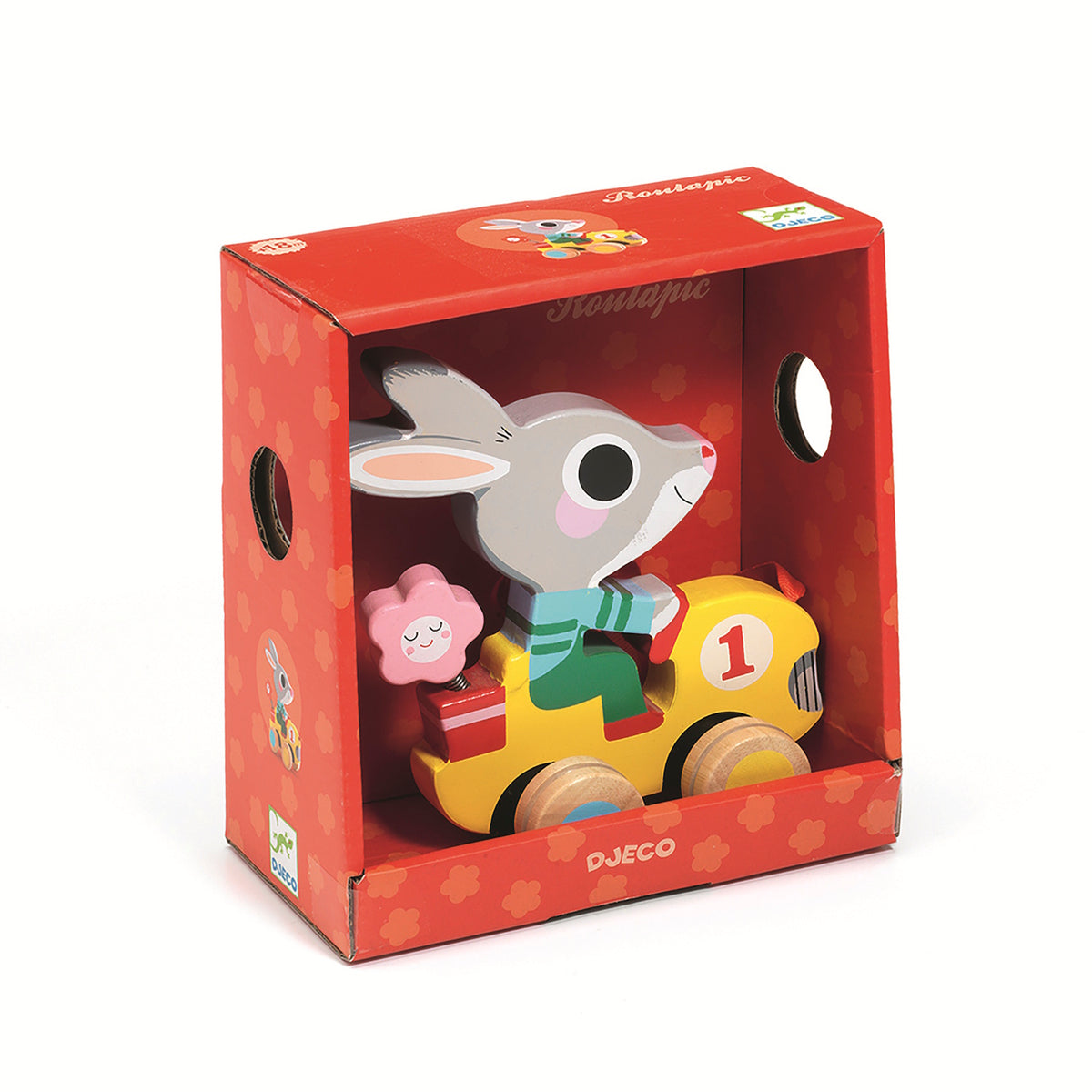 Djeco Roulapic wooden bunny rabbit pull-back car toy in red gift box packaging for toddlers and kids.