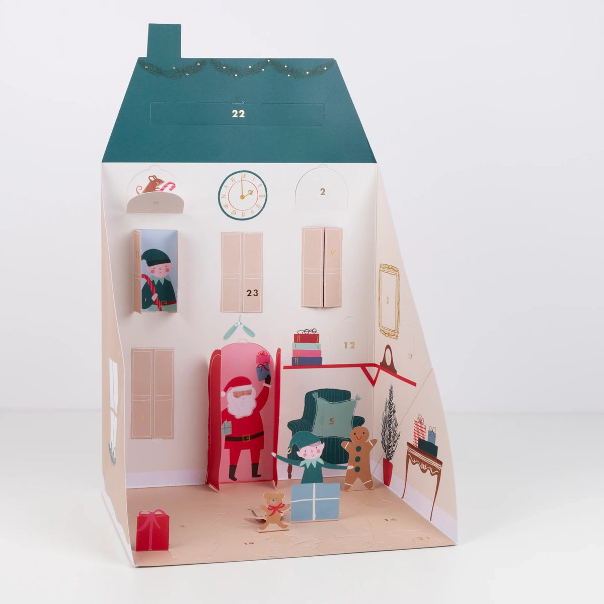 Santa's house pop-up advent calendar set against a plain white background.