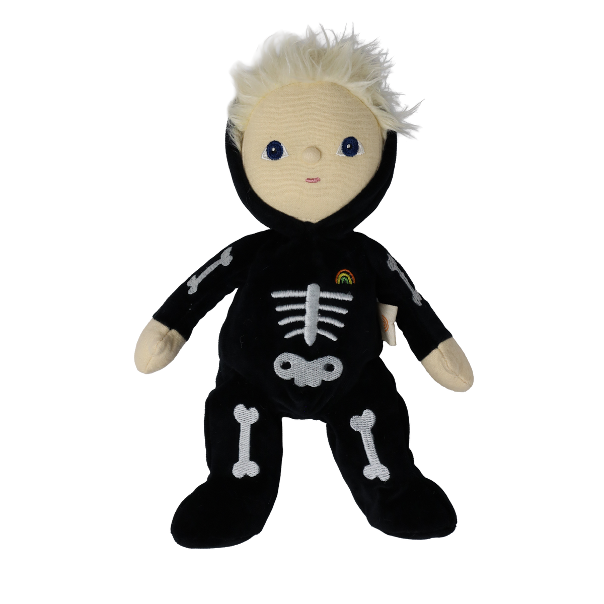 Plush doll with spiky blonde hair wearing a black skeleton suit with white bones, on white background.