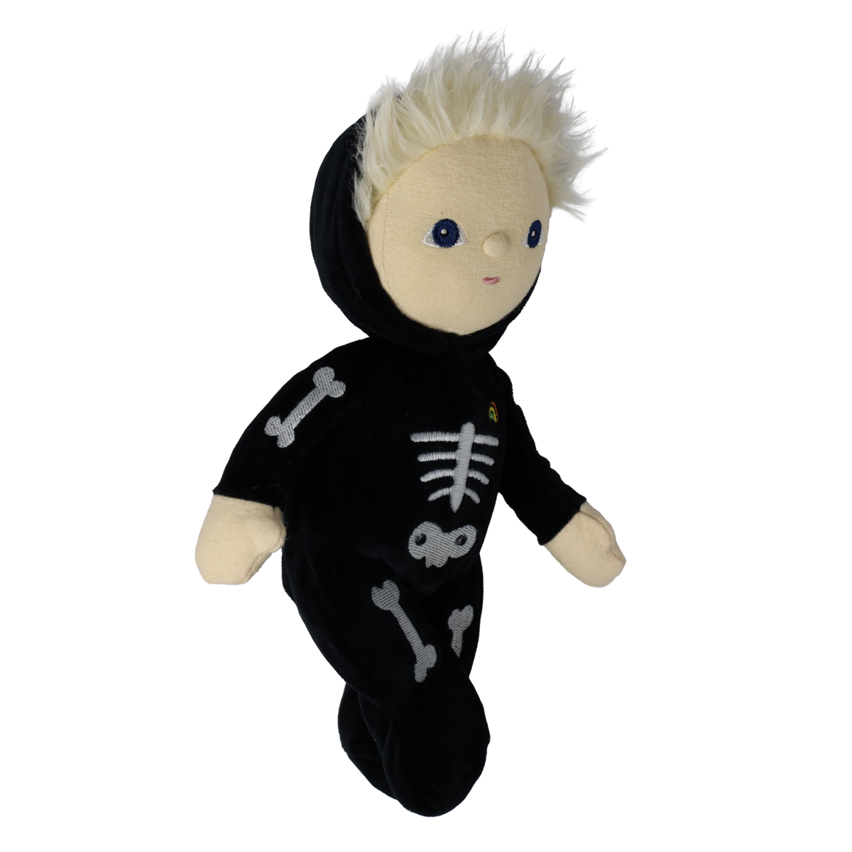 Plush blonde doll in a black skeleton suit shown floating from a three-quarter side view.