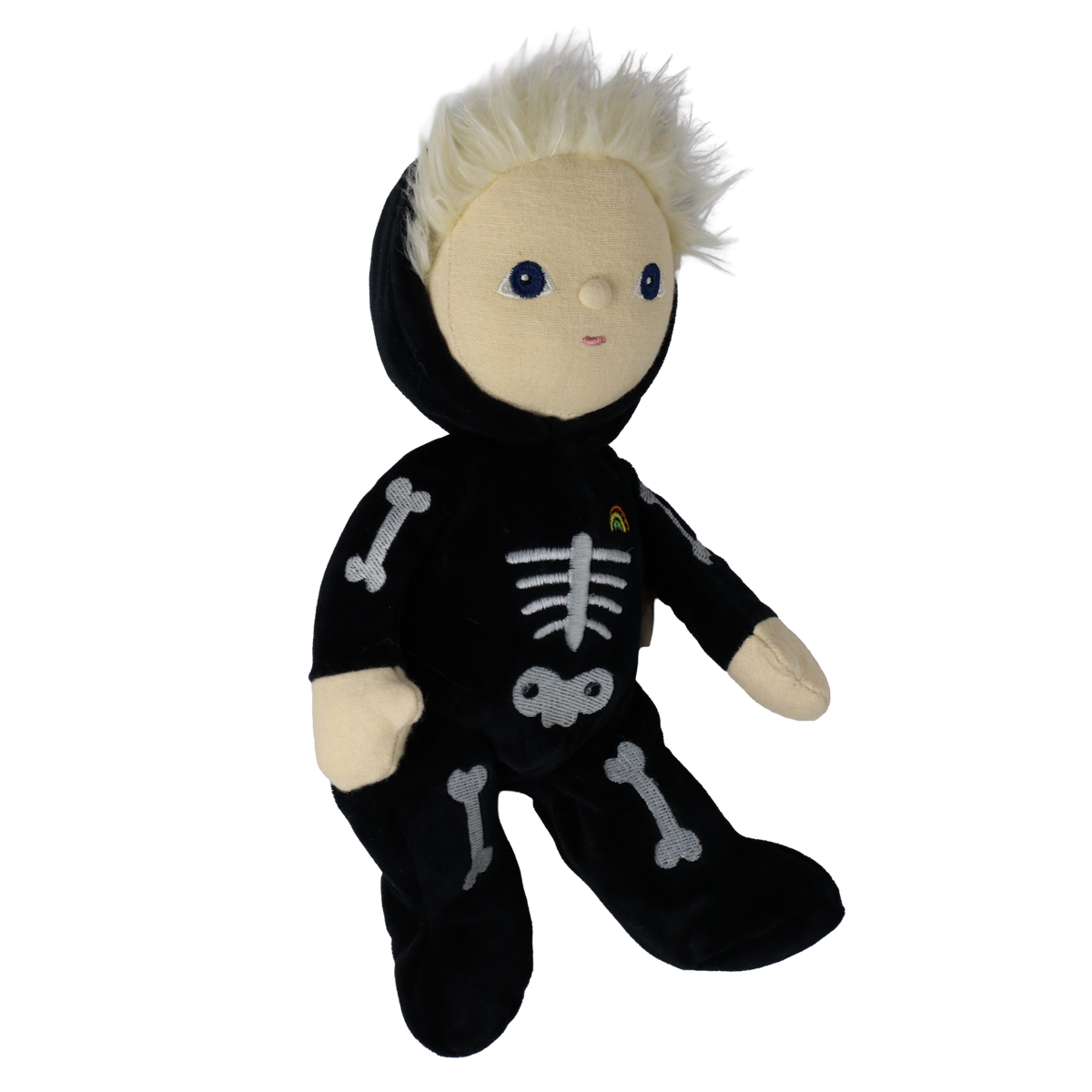 Plush blonde doll in a black skeleton suit shown seated from a three-quarter angle.
