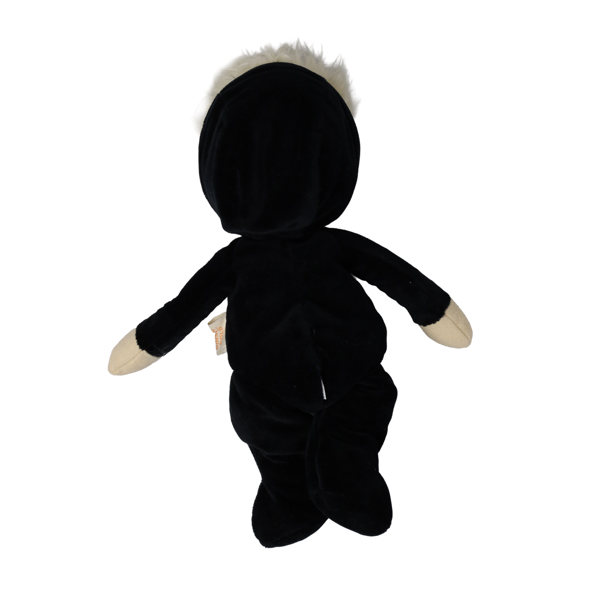 Back view of a plush blonde doll wearing a hooded black skeleton suit with arms outstretched.