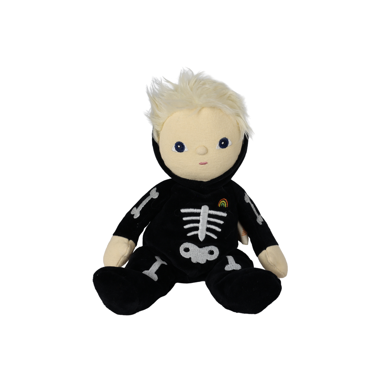 Front view of a plush blonde doll sitting down in a black skeleton suit with embroidered bones.