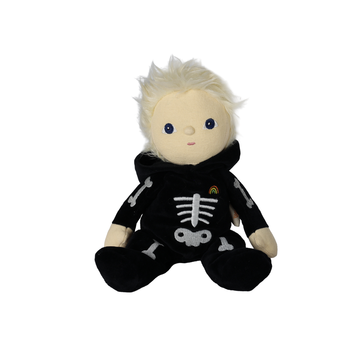 Plush blonde doll wearing a black skeleton suit with the hood down around its neck.
