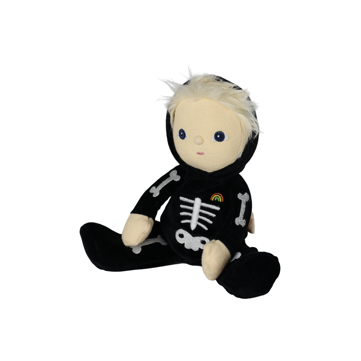Three-quarter view of a seated plush blonde doll in a black skeleton suit with the hood down.