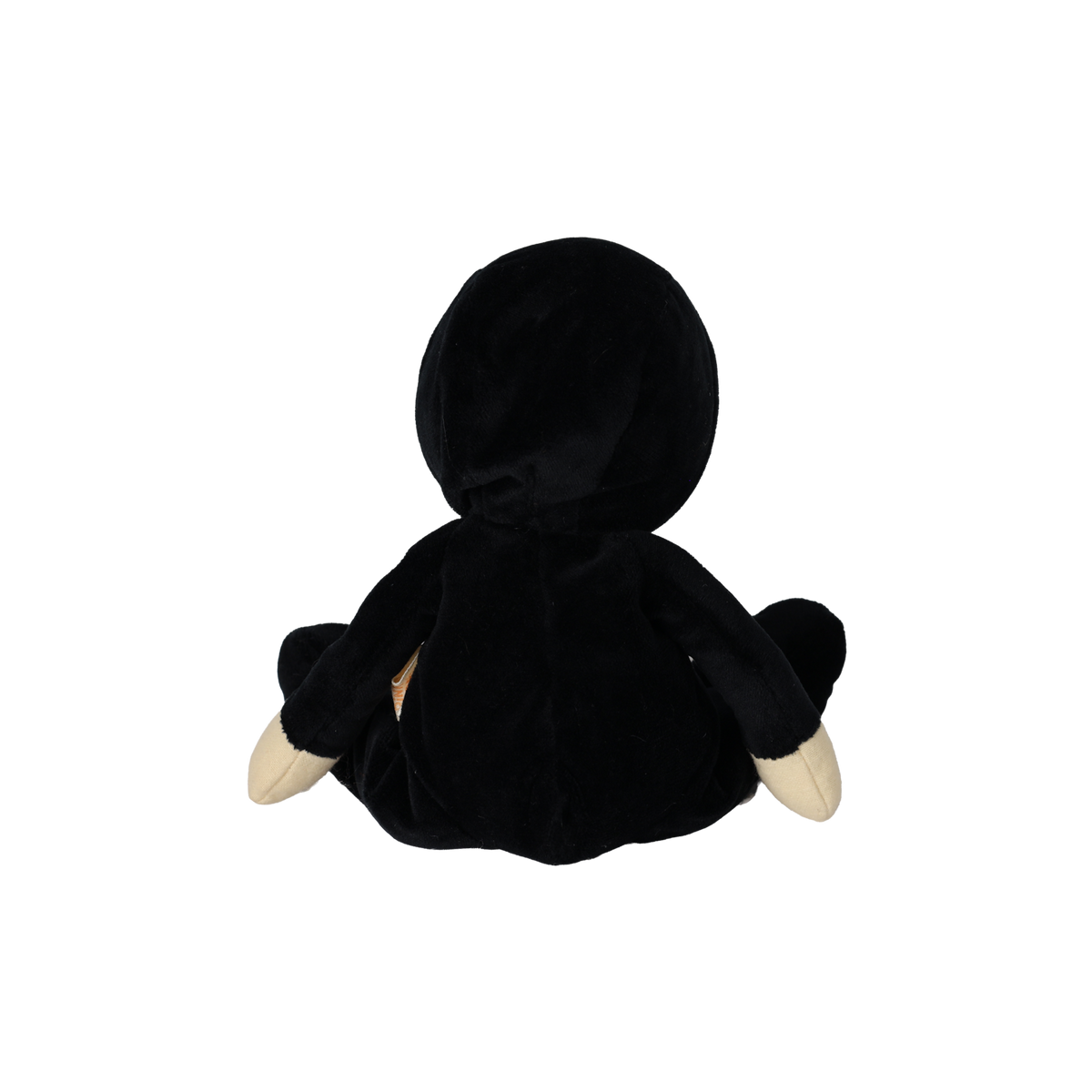 Back view of a seated plush doll wearing a black hooded skeleton suit.