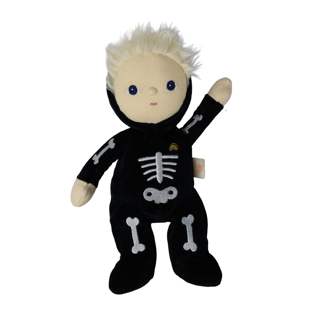 Plush blonde doll in a black skeleton suit with embroidered bones, raising one hand in a wave.