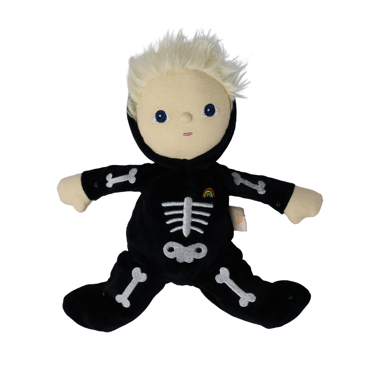 Plush blonde doll in a black skeleton suit sitting with arms and legs spread wide open.