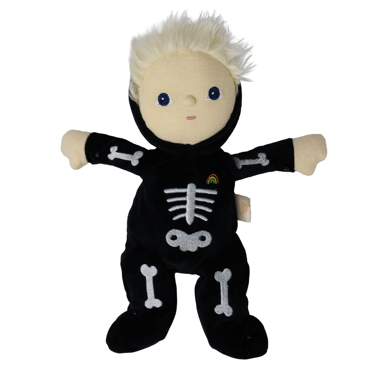 Plush blonde doll in a black skeleton suit with arms stretched out to the sides.