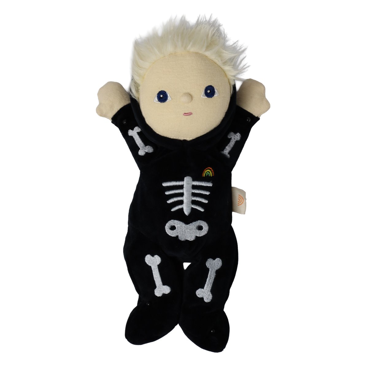 Plush blonde doll in a black skeleton suit with both arms raised straight up in the air.