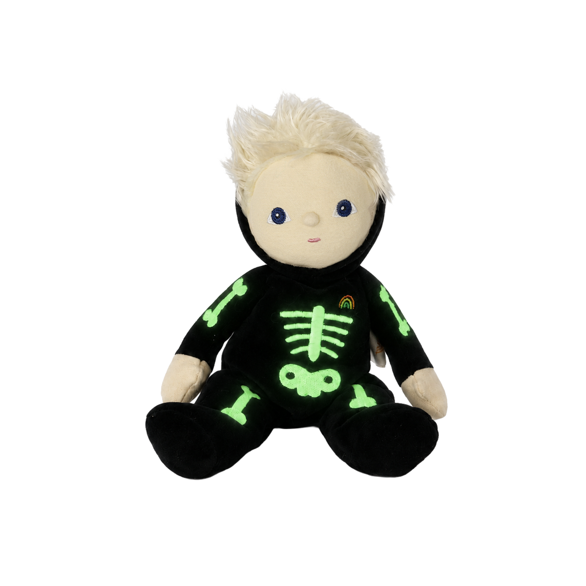 Plush doll with blonde hair wearing a black skeleton suit with light green bones, on white background.