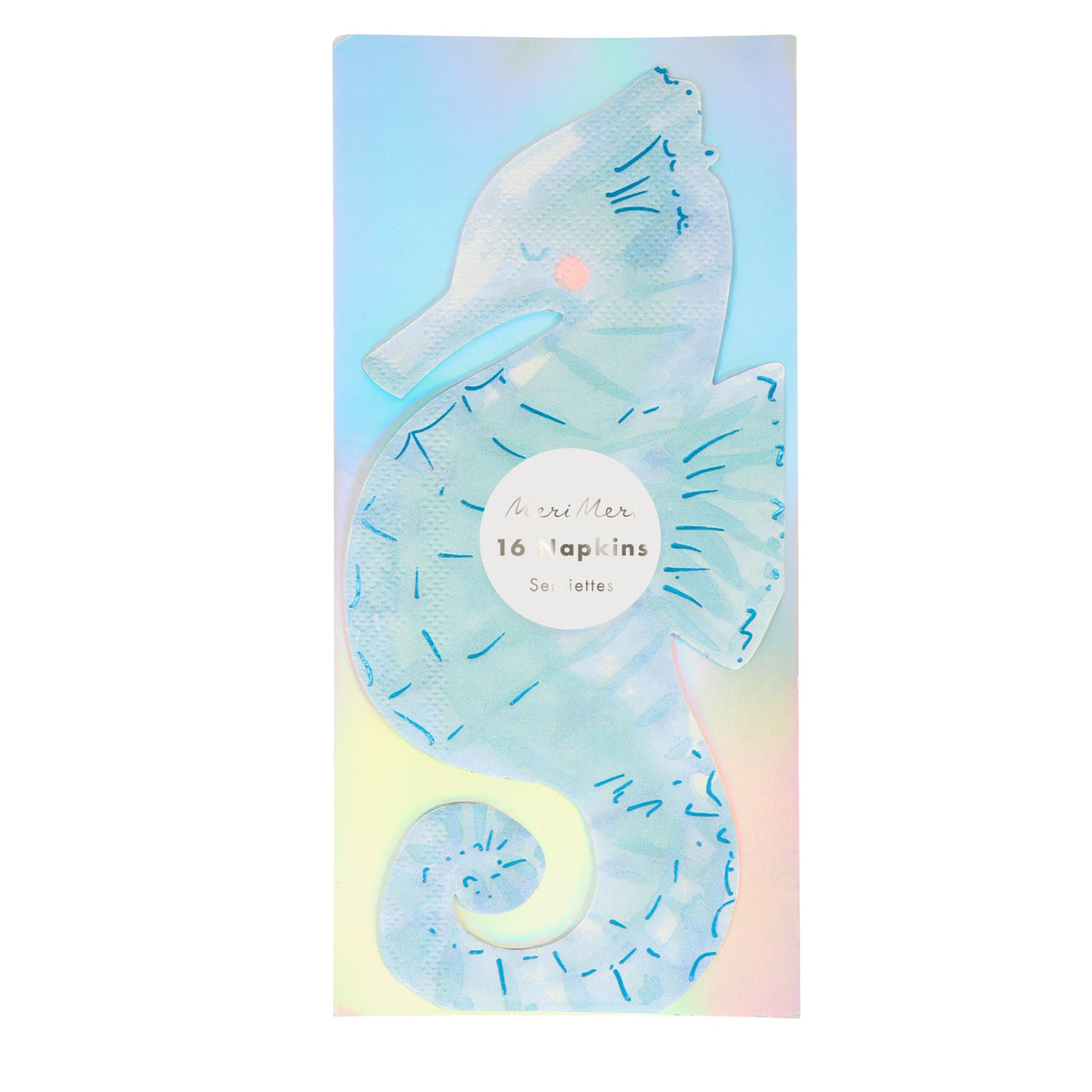 A pack of 16 Meri Meri seahorse-shaped paper napkins with a blue watercolor design.