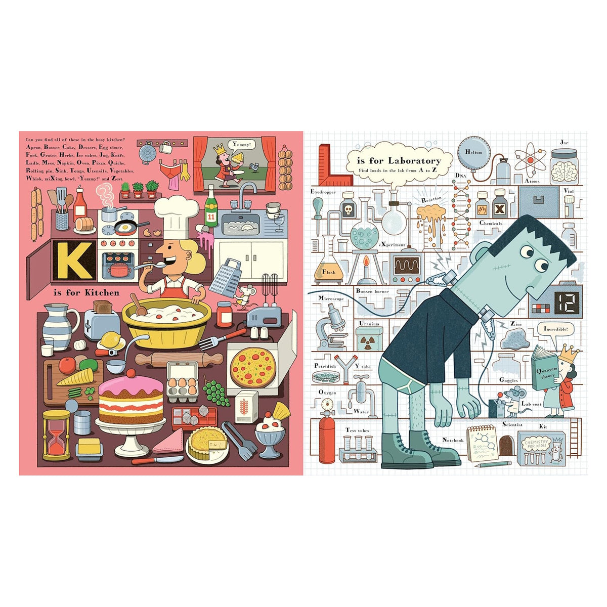 Illustration of a bustling kitchen with a chef tasting soup, surrounded by various foods and utensils on the left. The right shows a laboratory with a large, friendly monster and science equipment. The scene is playful and colorful, emphasizing creativity and exploration in both settings.