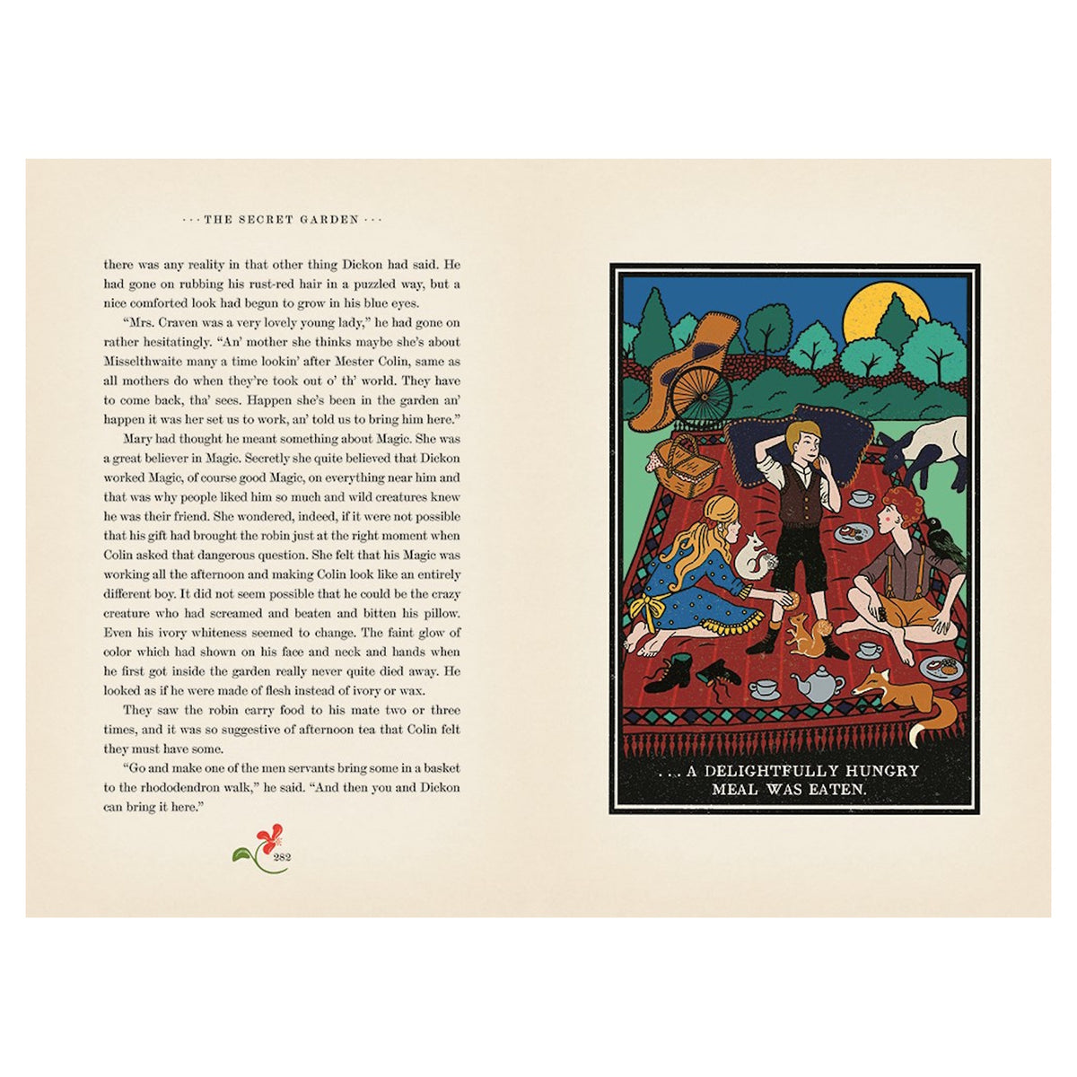 Open book spread of "The Secret Garden" featuring a colorful illustration of a picnic with Mary, Colin, and Dickon.