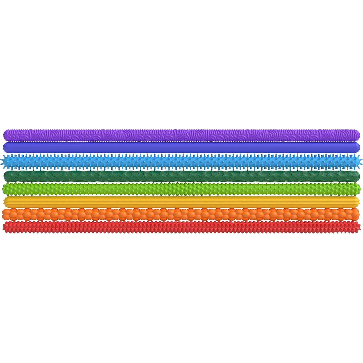 Eight colorful sensory fidget sticks with various textures stacked horizontally.