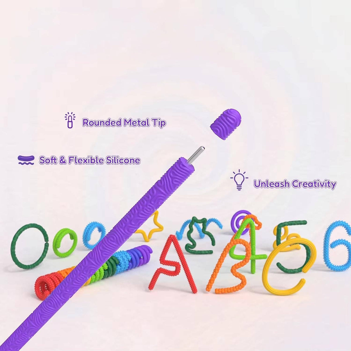 Purple flexible silicone fidget stick with rounded metal tip, bent into letters and numbers.
