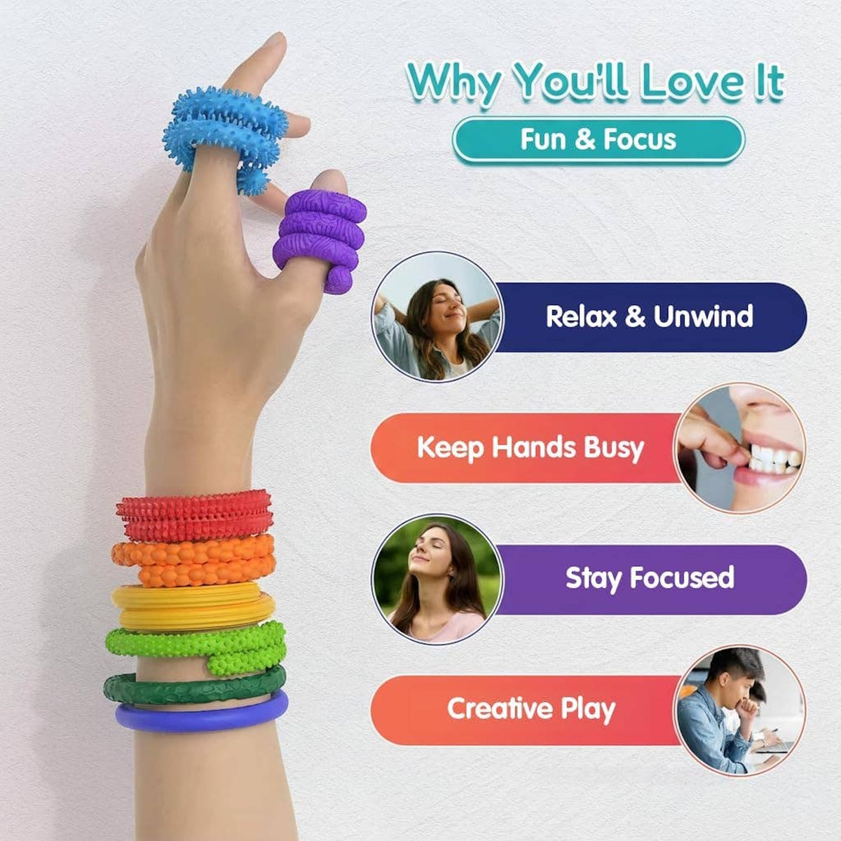 Colorful textured sensory fidget sticks wrapped around a hand and wrist.