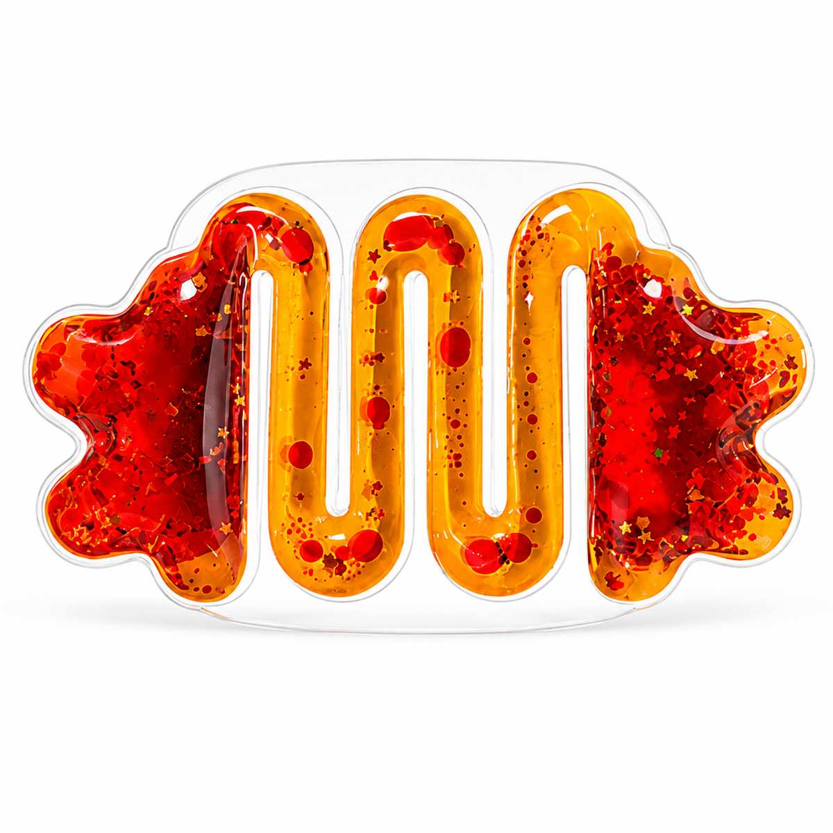 Front view of the red and orange liquid-filled plastic sensory squeeze toy.
