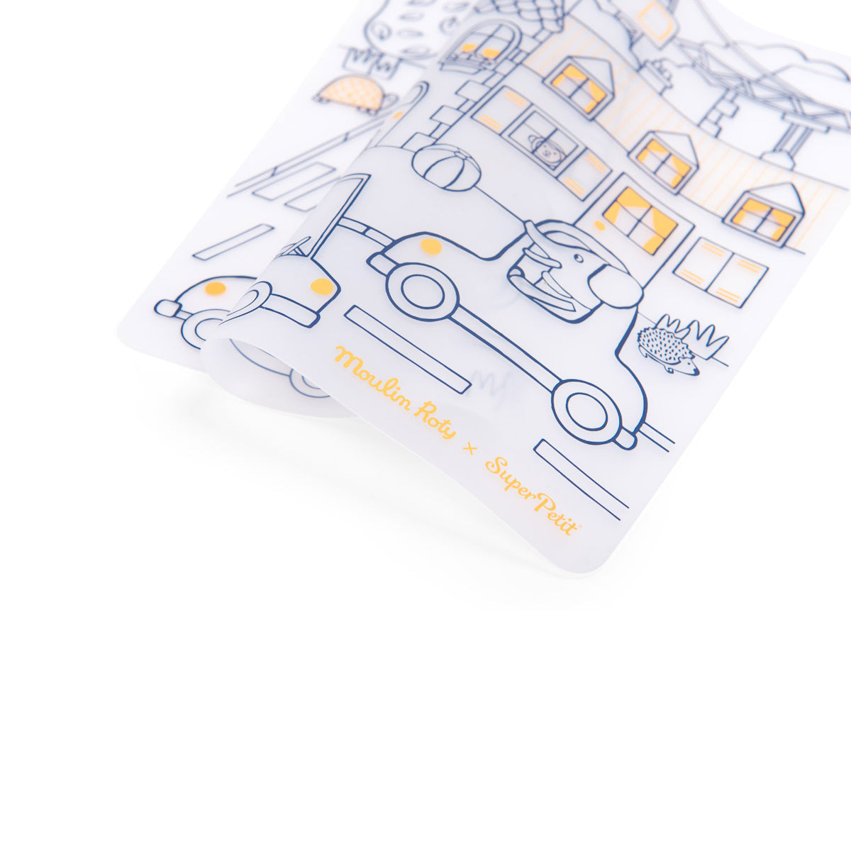 Moulin Roty x SuperPetit silicone coloring mat featuring an illustrated city scene with cars and houses.