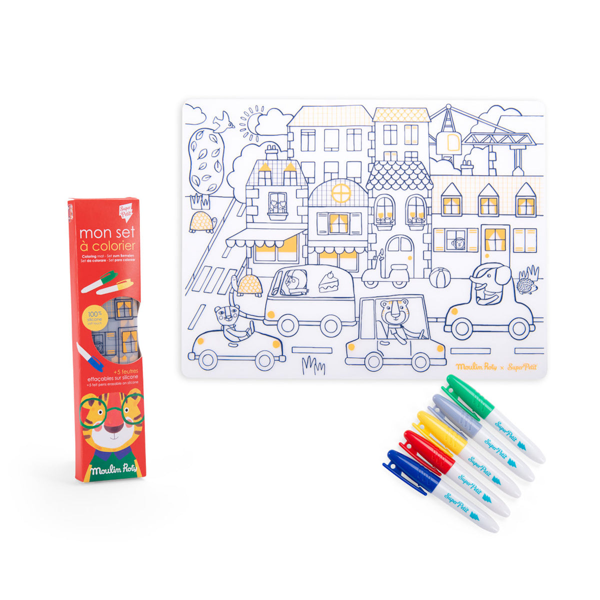 Moulin Roty silicone coloring mat set featuring Les Popipop city scene illustration with 5 markers.