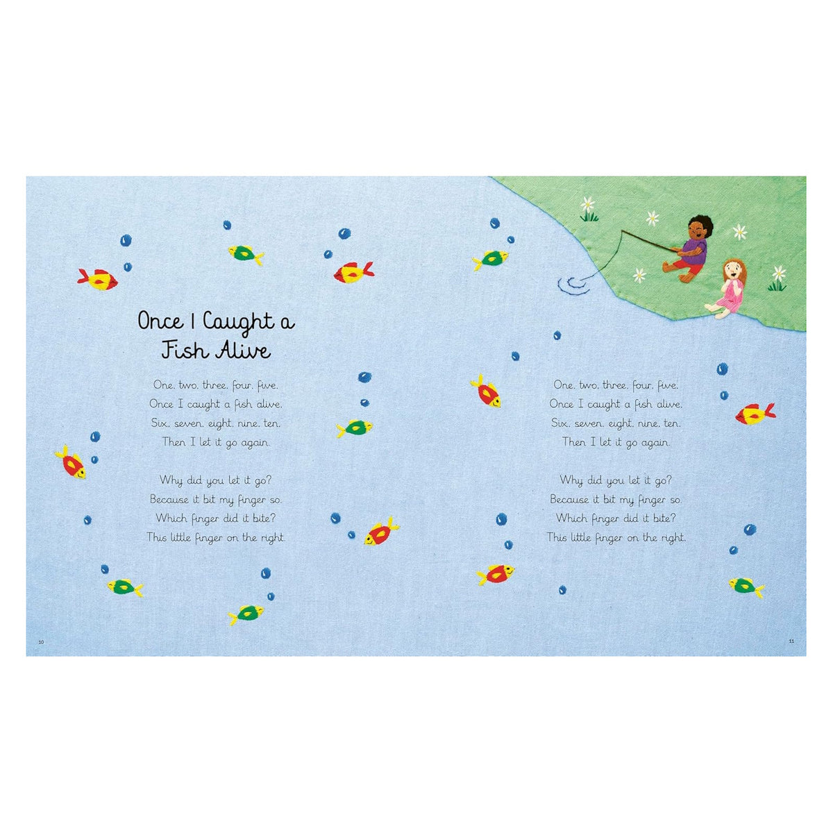 Children's book page showing "Once I Caught a Fish Alive" lyrics with colorful fish illustrations and kids fishing.