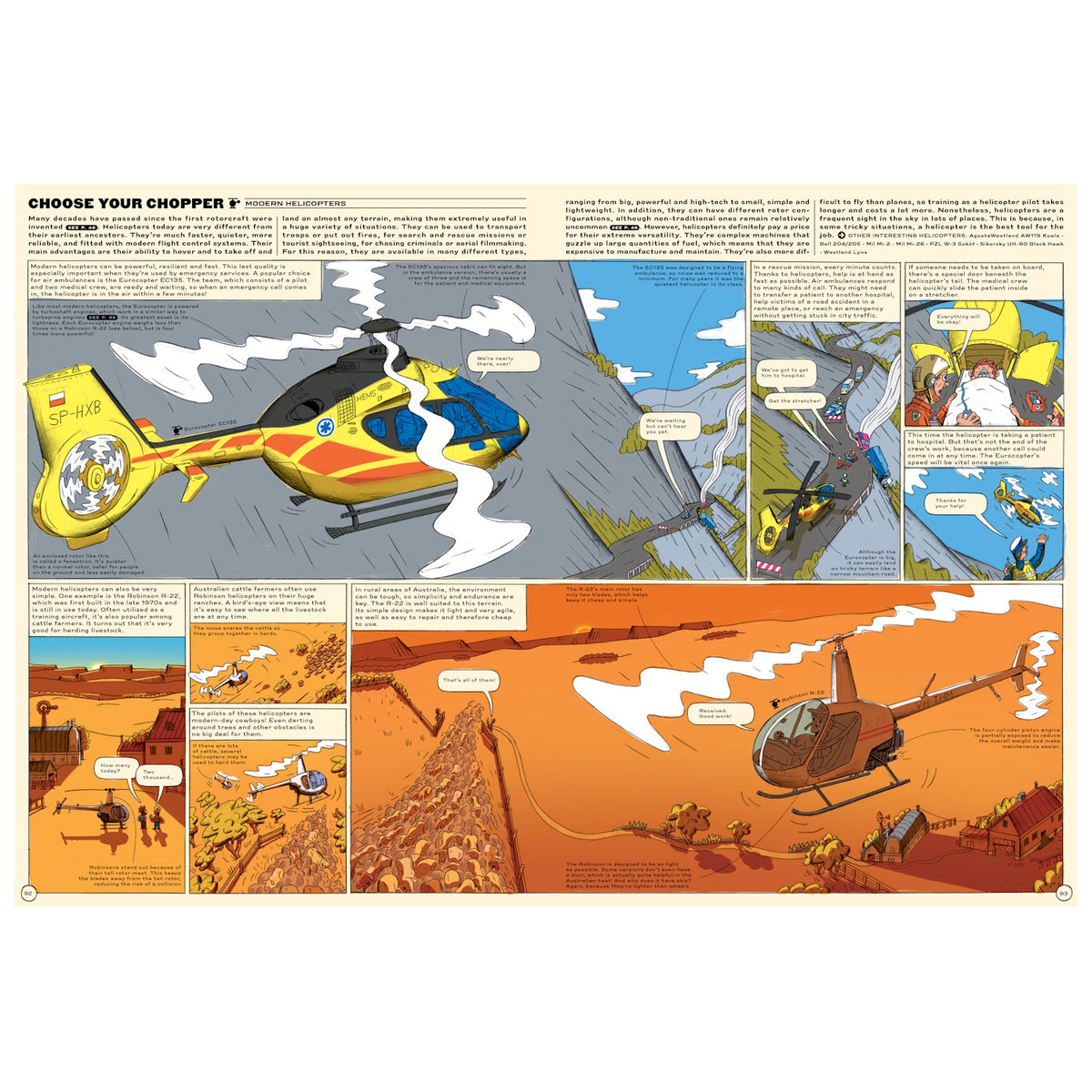 An illustrated book spread detailing modern helicopters, featuring a rescue chopper and a cattle-herding one.