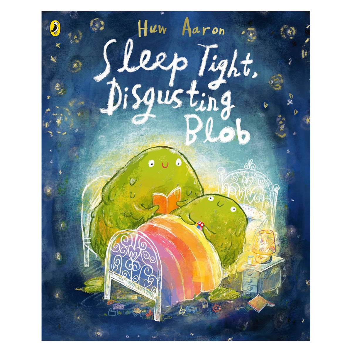 Book cover for Sleep Tight, Disgusting Blob by Huw Aaron, showing a green blob reading to another in bed.