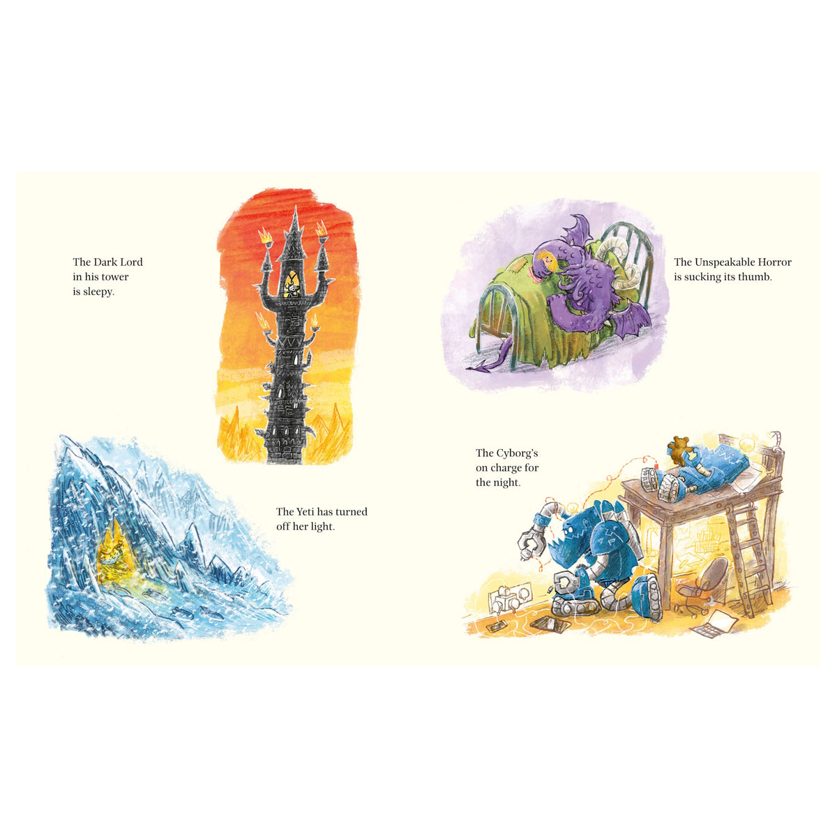Storybook pages showing a dark lord's tower, a monster in bed, a yeti, and a cyborg charging.