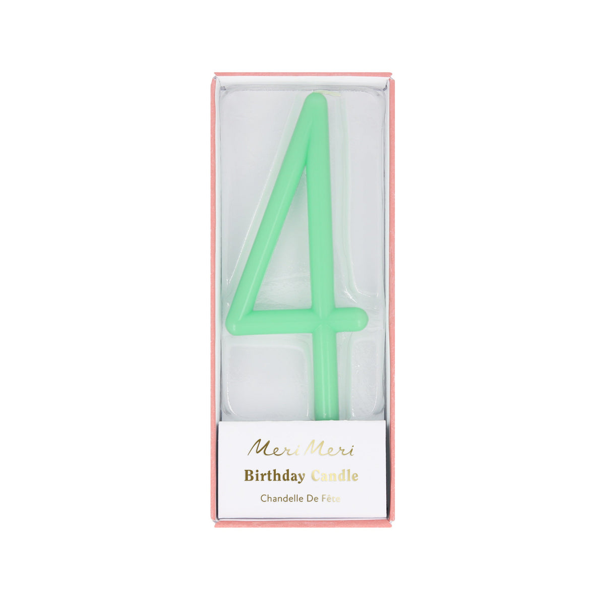 Mint green slim number 4 birthday candle packaged in a clear box by Meri Meri.