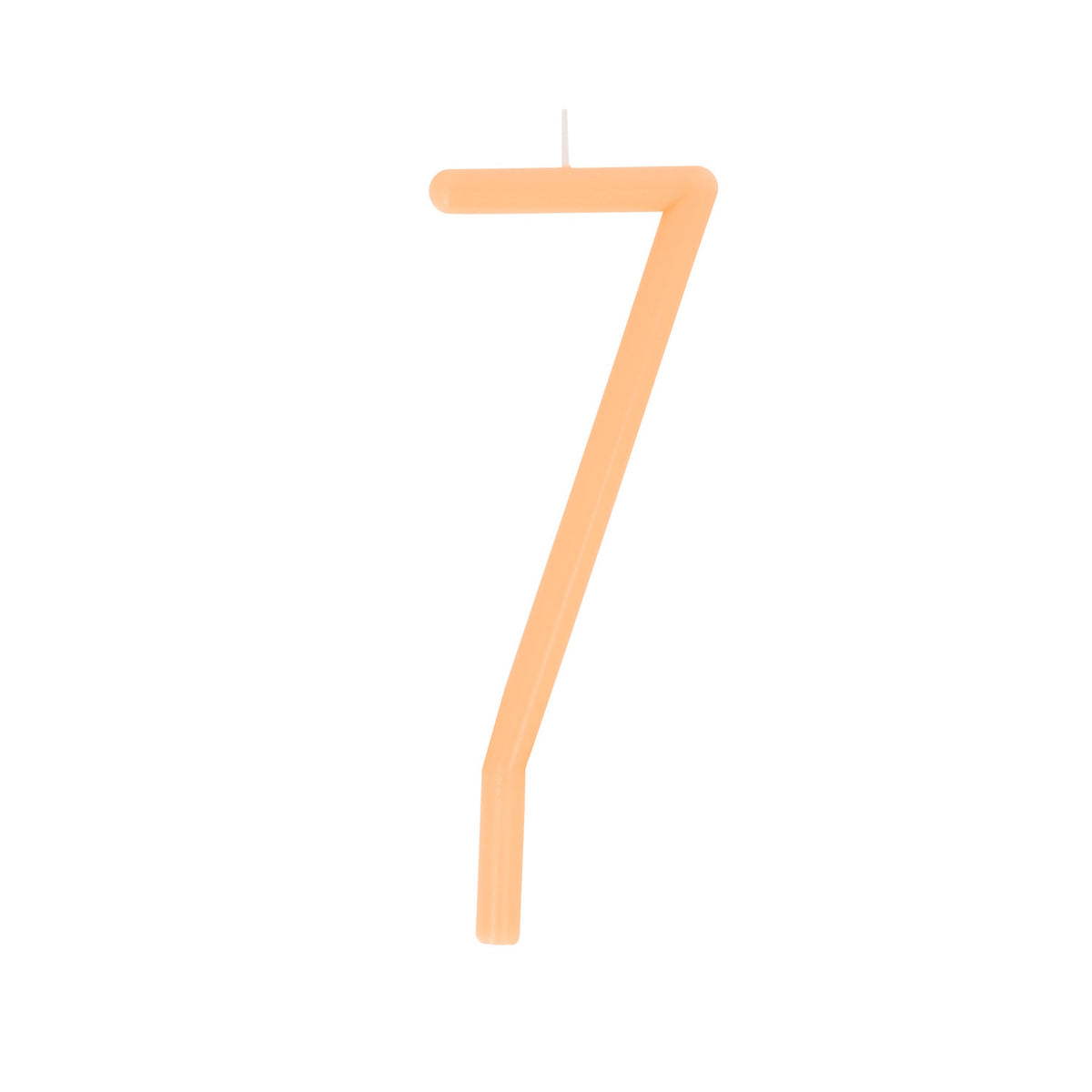Slim peach-orange birthday candle shaped like the number 7 with a bottom stake.