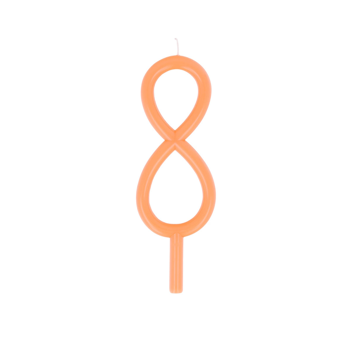 Slim peach-orange birthday candle shaped like the number 8 with a bottom stake.