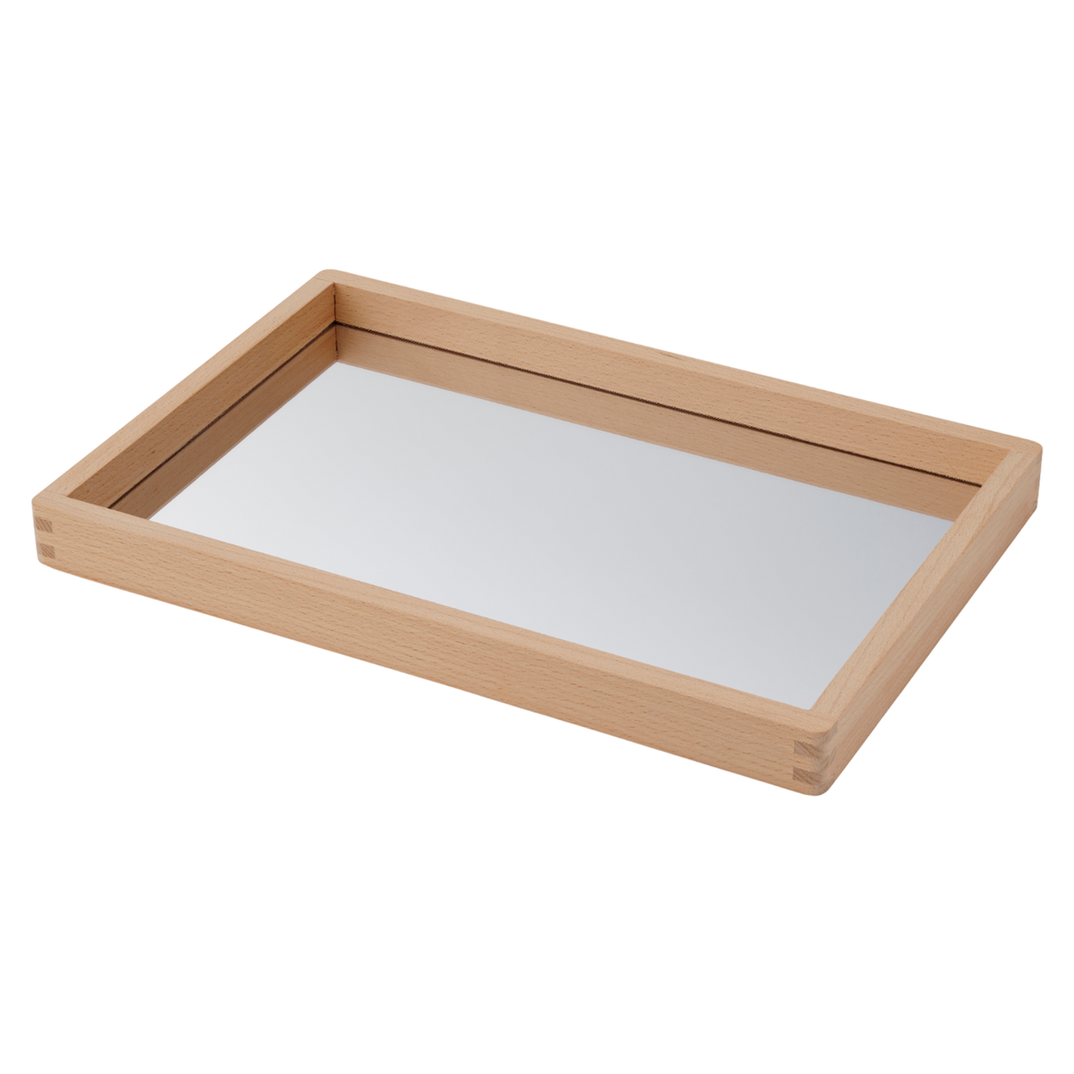 A compact wooden tray with a mirrored base, perfect for sensory play, loose parts exploration, and visual perception activities.