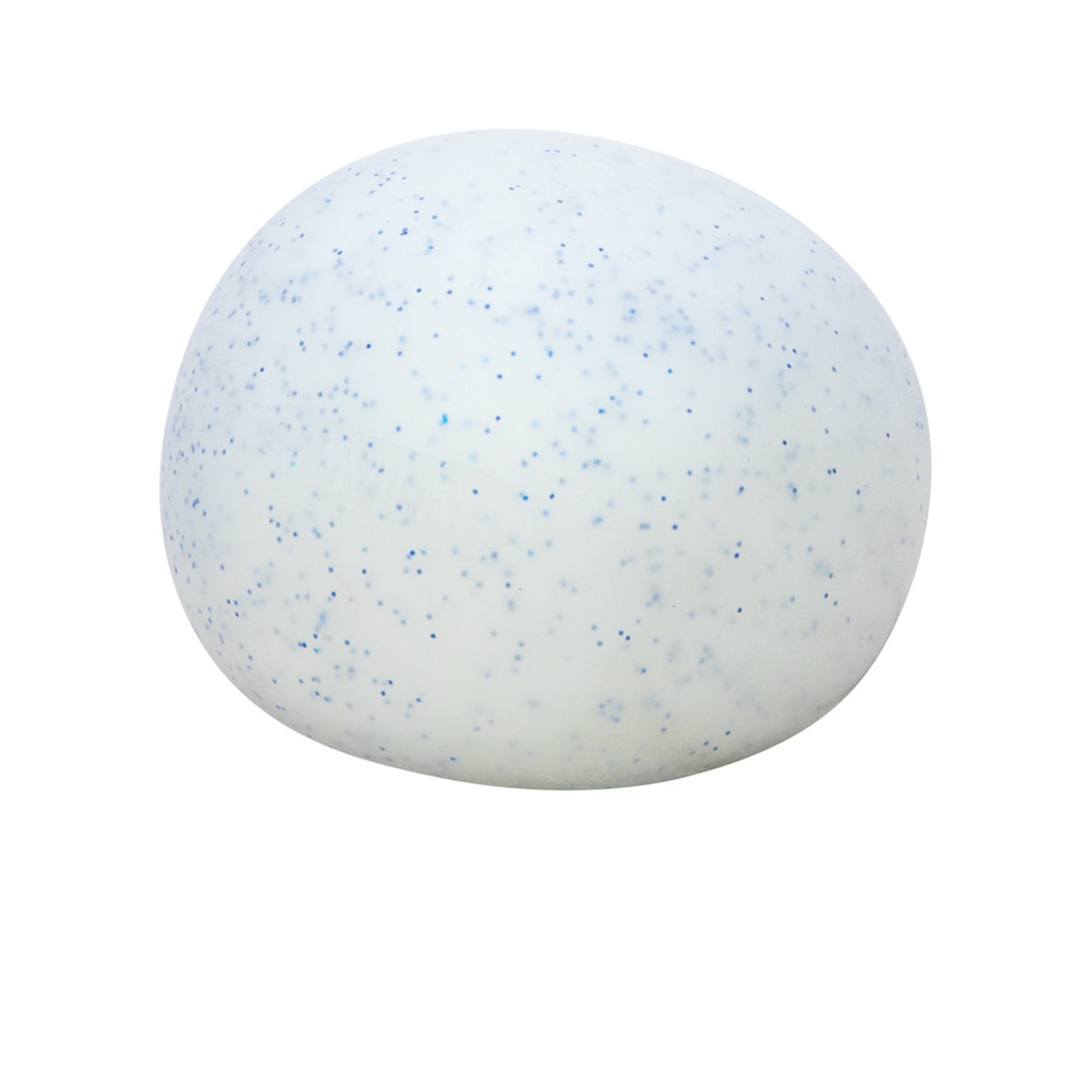 White snowball crunch stress ball with blue glitter specks, isolated on a white background for sensory toy marketing.