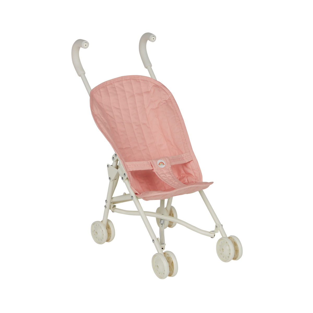 Olli Ella Sollie Doll Stroller in Rose pink fabric with a cream-colored frame.
