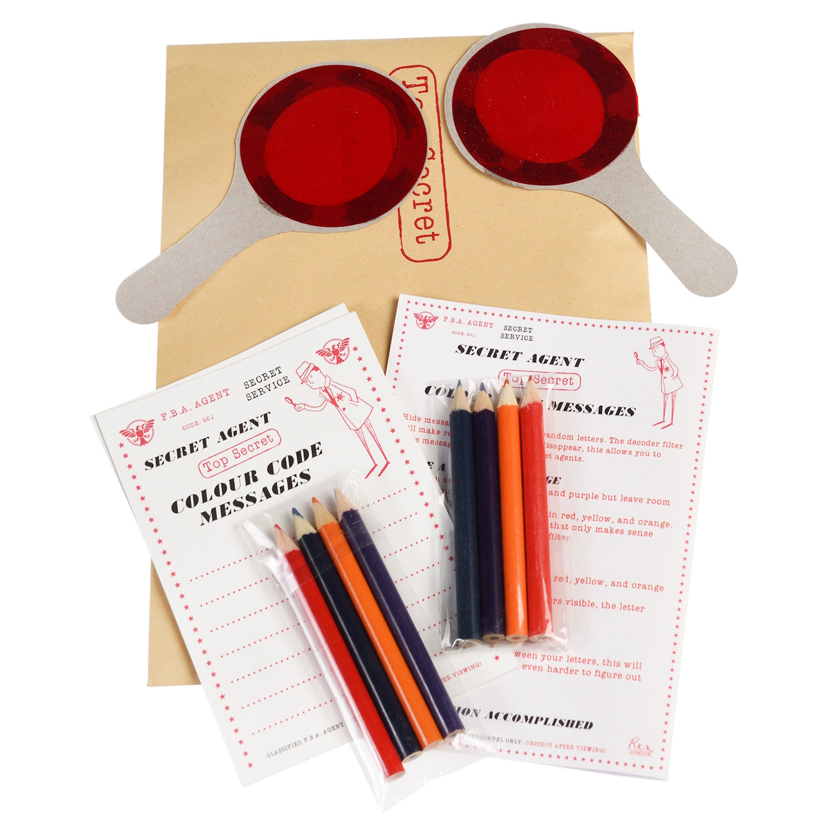 A special agent kit with sunglasses, magnifying glass, secret messages, and various investigation tools, all in a decorative case.