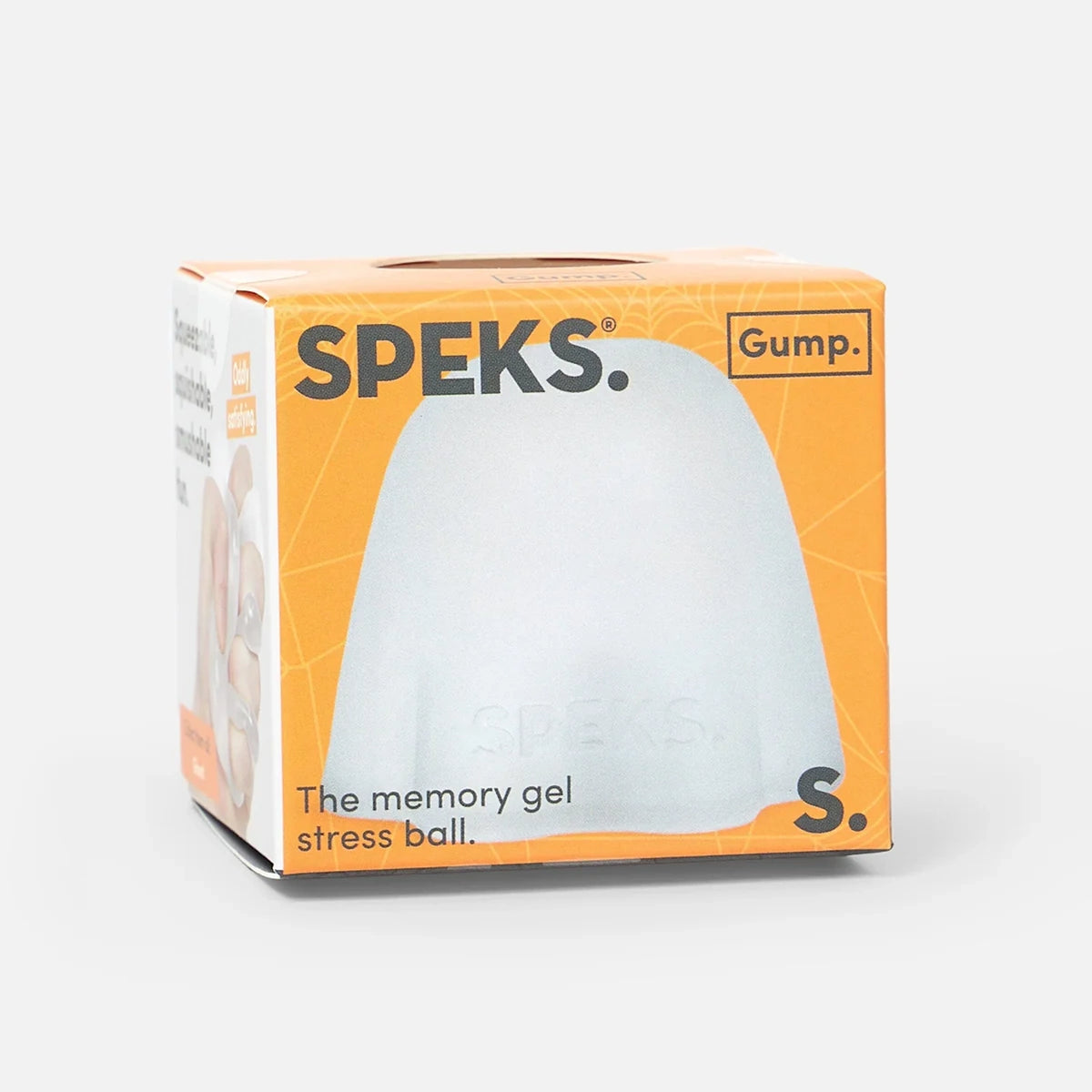 Front view of an orange product box featuring a Gump memory gel stress ball in ghost shape.