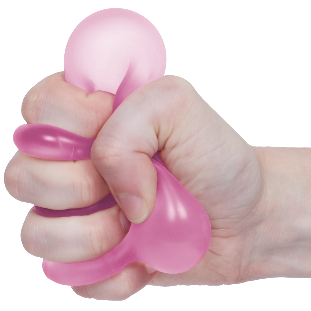 Pink Speks Loop Gump memory gel stress ring being squeezed in a hand.