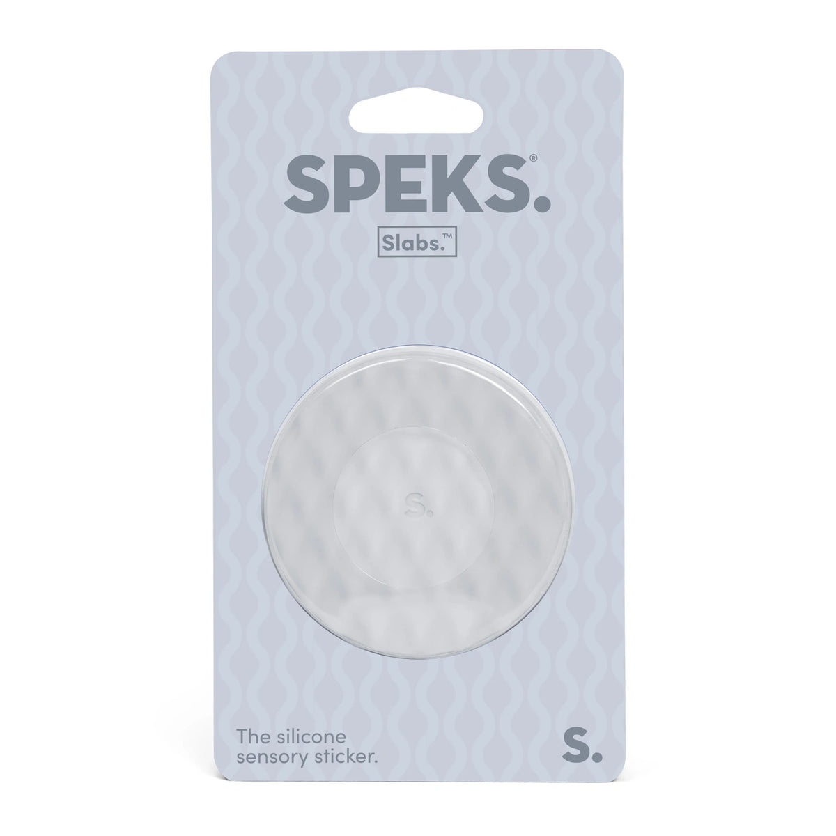 Speks Slabs circular silicone sensory sticker in light grey packaging.