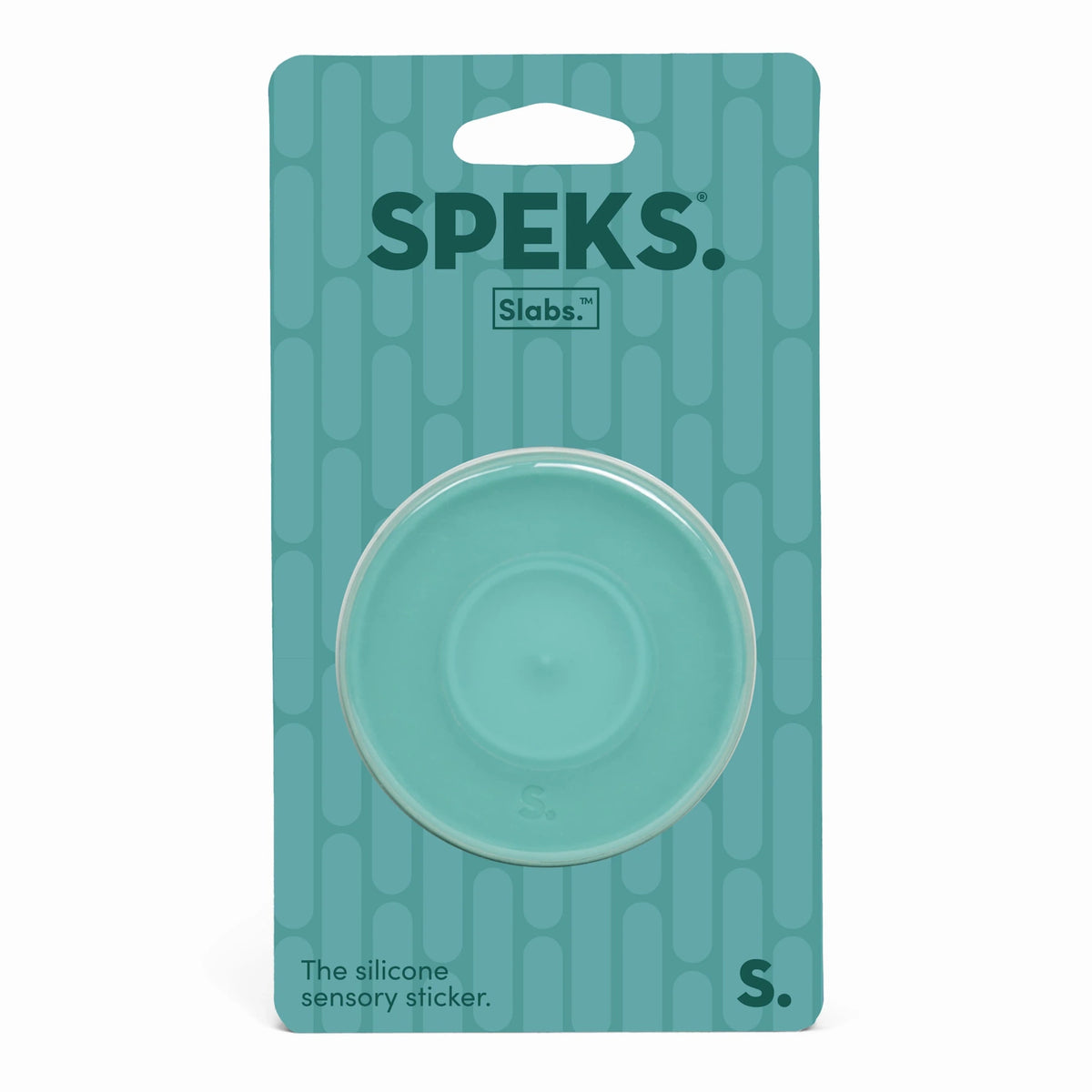 Speks Slabs circular silicone sensory sticker in green packaging.