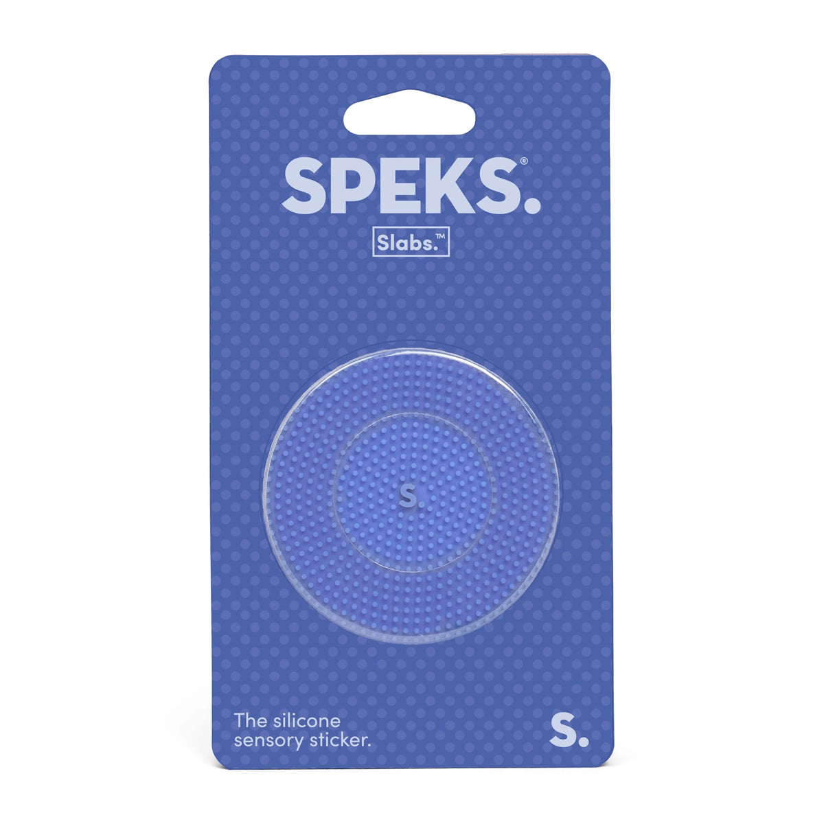 Speks Slabs circular blue textured silicone sensory sticker in retail packaging.