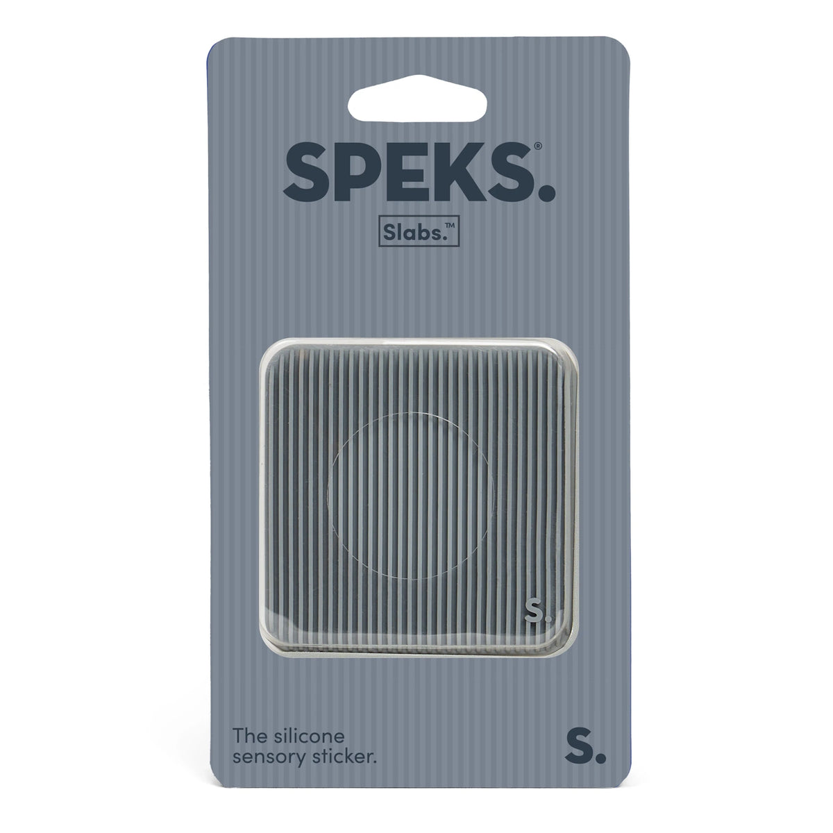 Speks Slabs square silicone sensory sticker in grey packaging.