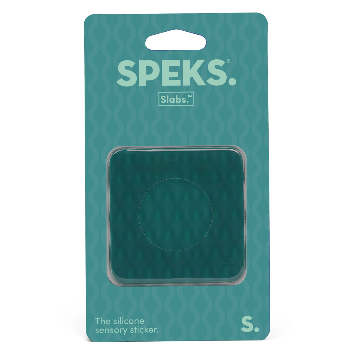 Speks Slabs green square silicone sensory sticker in its original retail backing card.