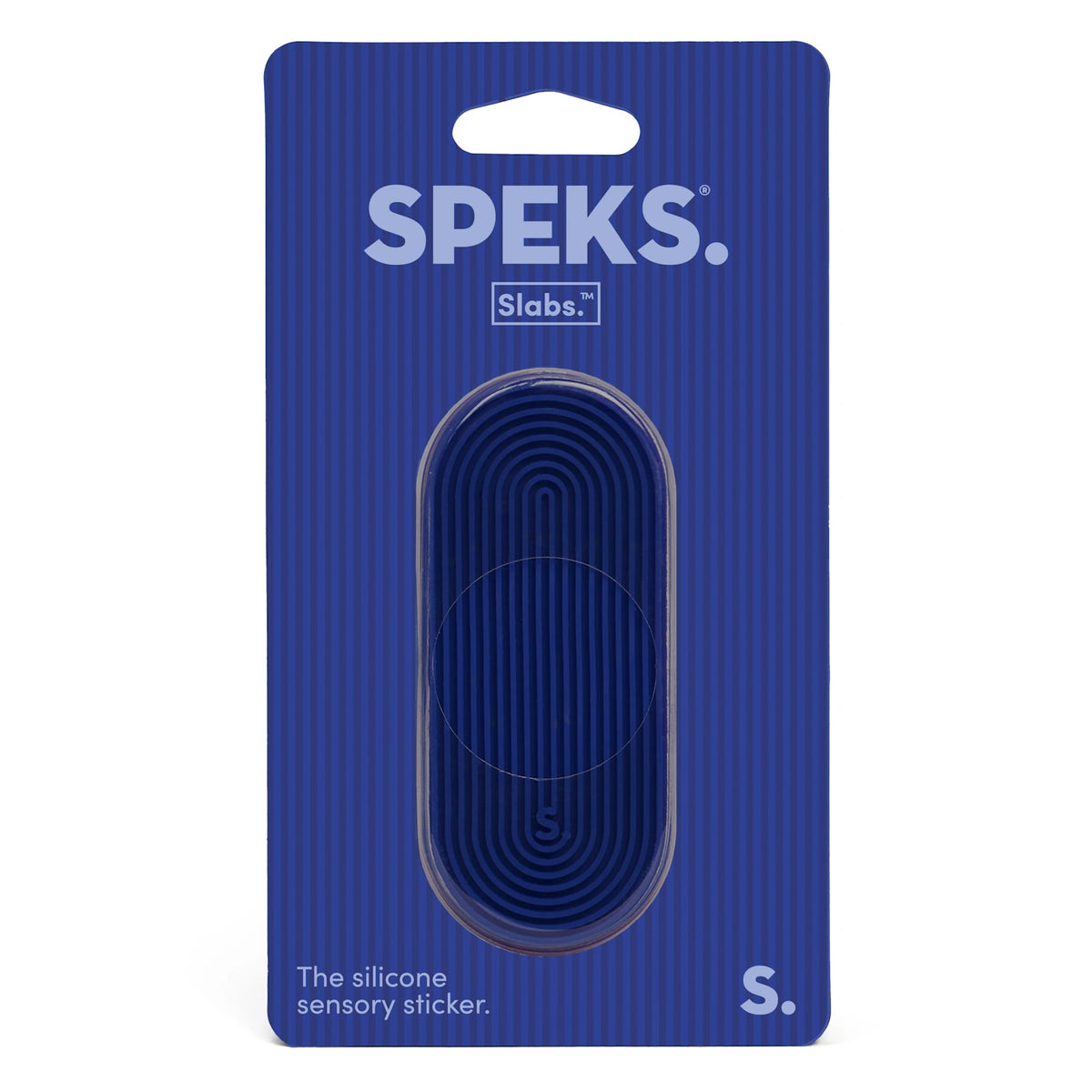 Speks Slabs oval blue grooved silicone sensory sticker in retail packaging.