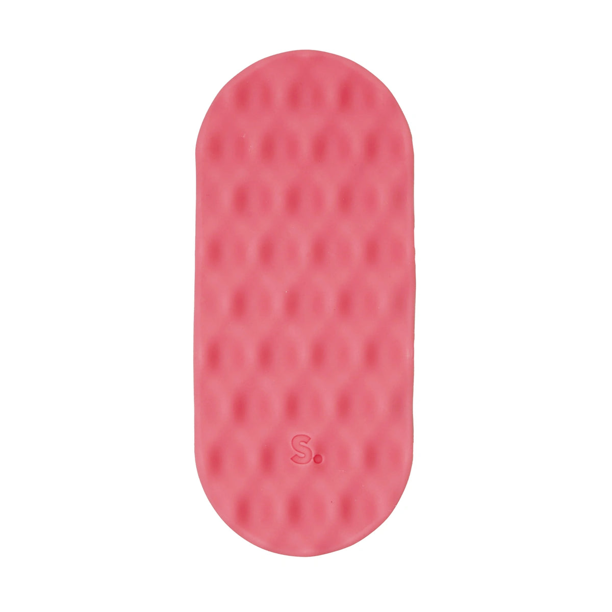Oval pink silicone sensory sticker with a mesh dimpled texture and an "S." logo near the bottom.