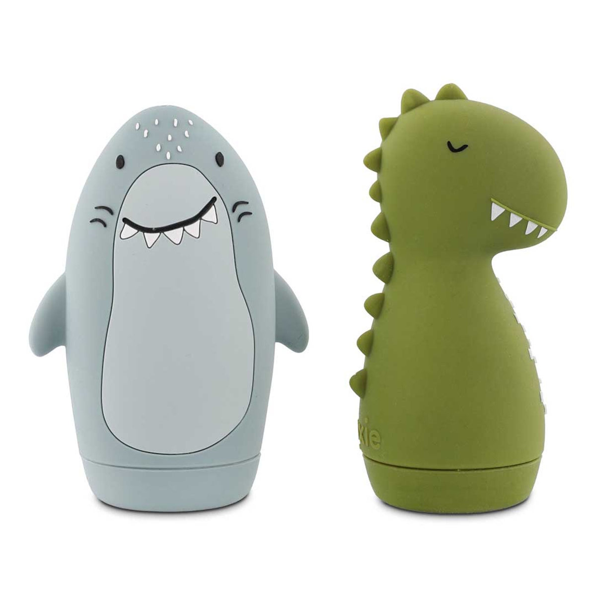 Two cute silicone animal toys: a smiling light blue shark and a green T-rex dinosaur on a white background.