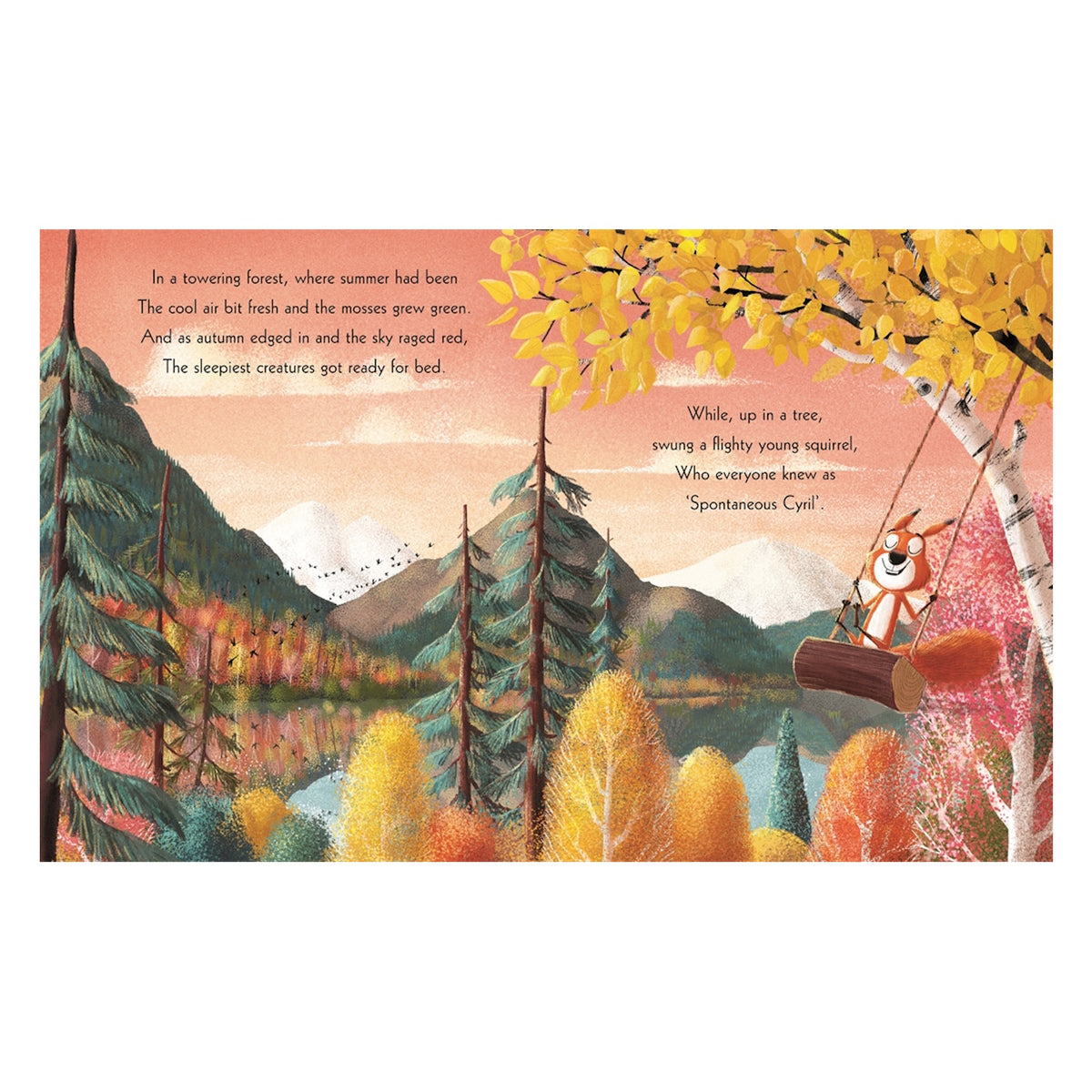 Illustration of a squirrel on a log swing in an autumn forest with mountains, lake, and colorful trees. Children's book.