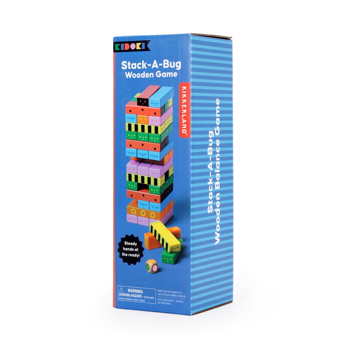 Blue box for KIKKERLAND Kidoki Stack-A-Bug Wooden Game featuring a colorful stacked block tower picture.